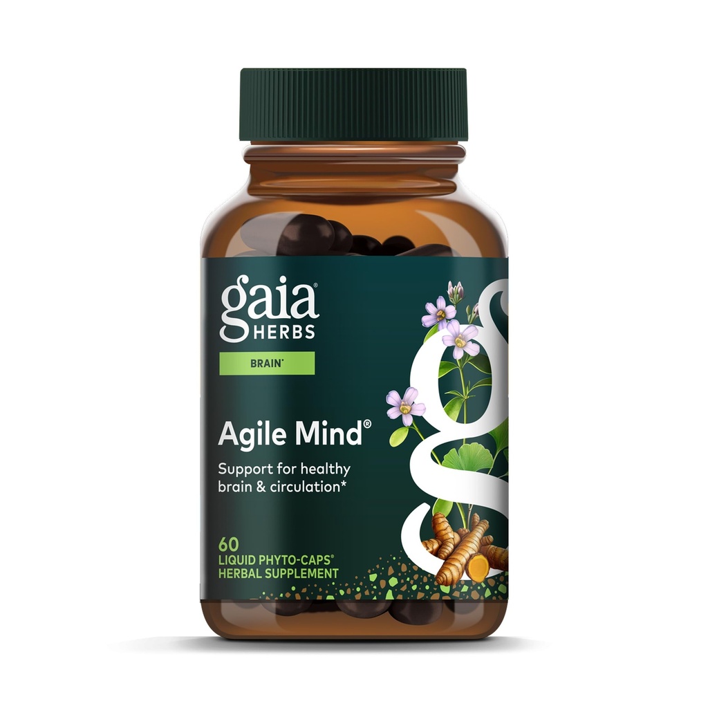 Gaia Herbs Agile Mind - Brain & Cognitive Support Herbal Supplements - with Organic Turmeric Root, Bacopa, Black Pepper, and Ginkgo Biloba - 60 Vegan Liquid Phyto- Kapsułki (30- Day Supply)