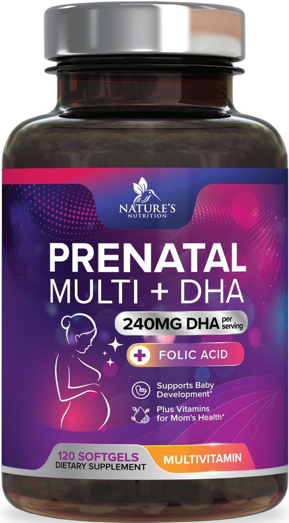 Witaminy prenatalne z kwasem foliowym & DHA, Wsparcie rozwoju mózgu płodu z folianem & Omega 3, Multiwitamina prenatalna dla kobiet, Witamina A, C, D, B6, B12 & Żelazo, Suplement do Ciąża - 120 Softgels