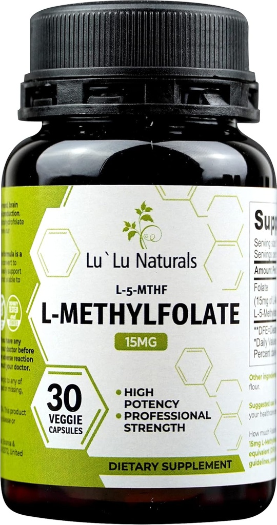 Lu 'Lu Naturals L Methylfolate 15 mg Aktywowany folian metylowy, kwas foliowy, 5-mthf 30 Czapki Veggie