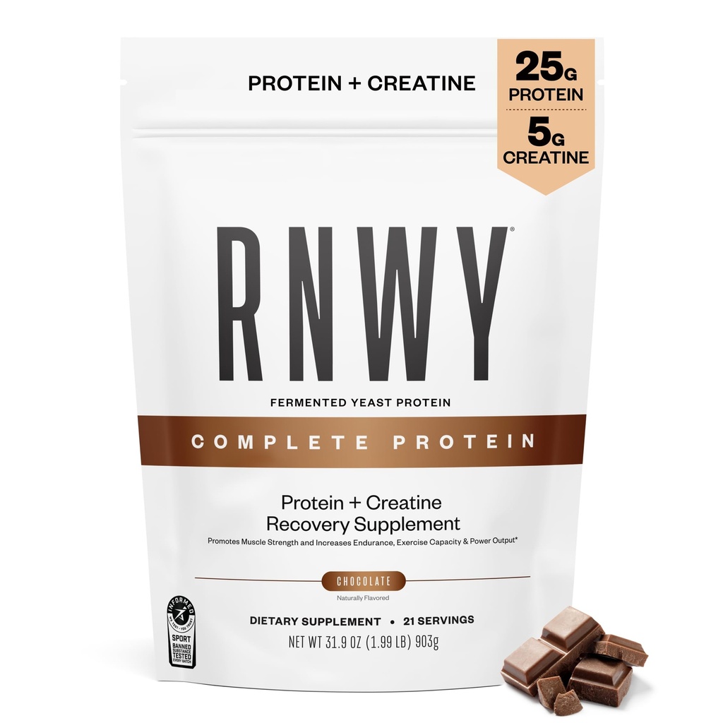 RNWY Kompletne białko, 25g Białko drożdży + 5g Monohydrat kreatryny, Wegan, Darmowy, Post- Workout Post- Recovery dla Endurance Sports, Czekolada, 21 Służenie