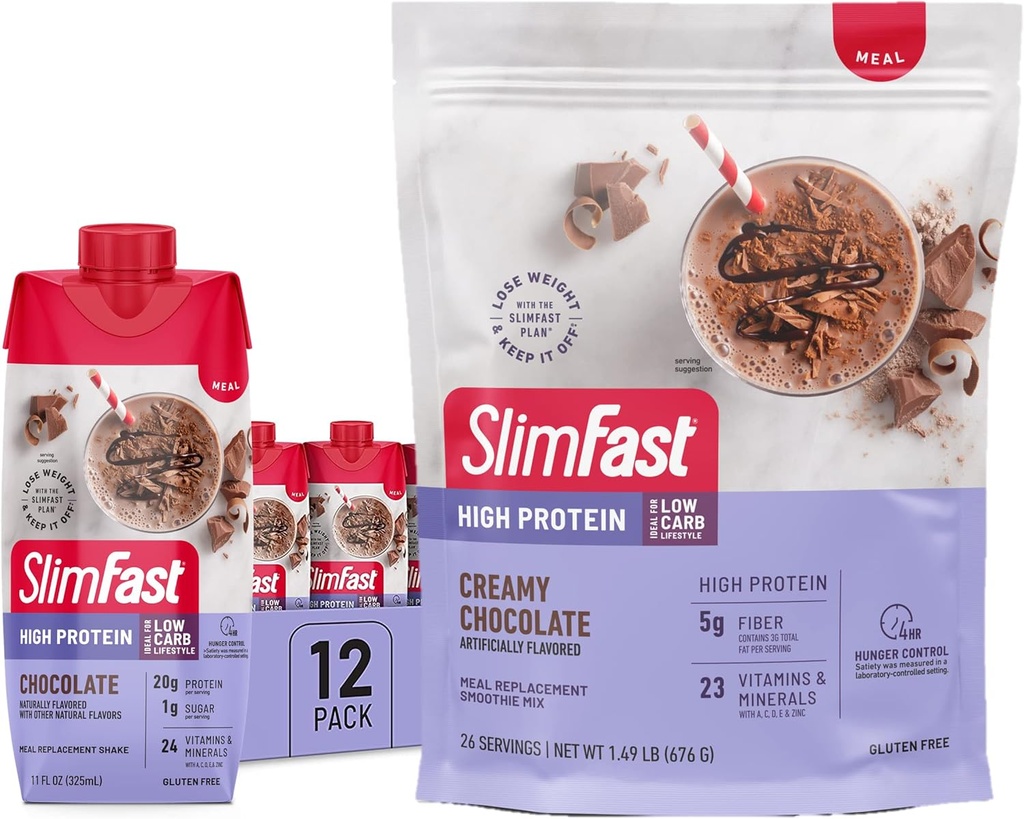 SlimFast High Protein Chocolate Bundle- 12 Hrabia Czekoladowych Wysokich shake 'ów na posiłek (20 g białka) z 26 Serings Czekoladowego wysokiej zawartości białka w proszku (20 g białka)