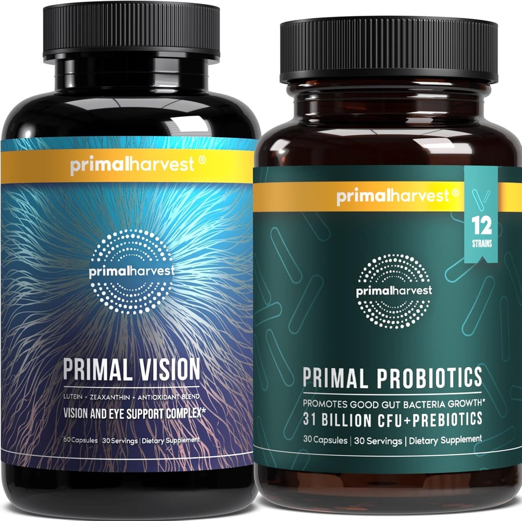 Primal Harvest Probiotics & Vision Supplements for Women and Men Vision and Eye Support Complex with Lutein, Zeaxanthin Bundle