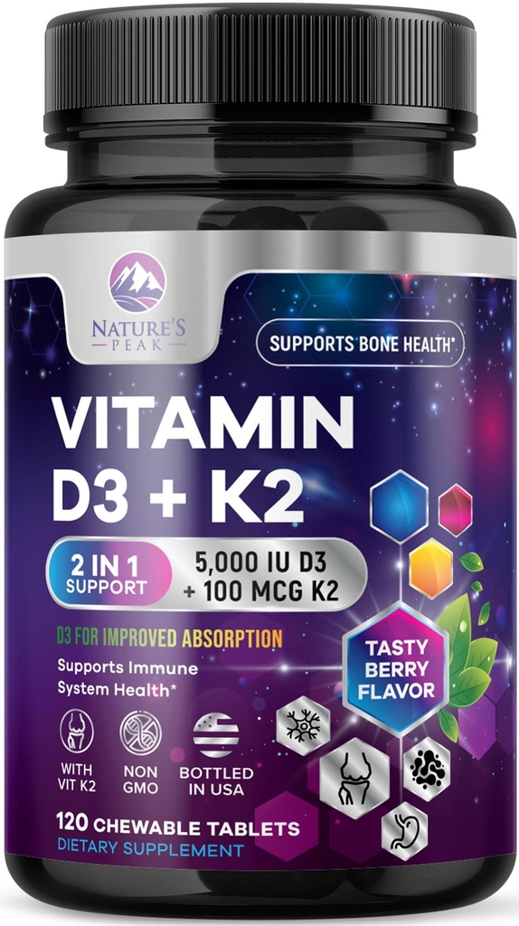 Witamina D3 K2 - 5000 iu Witamina D3 & 100 µg Witamina K2 (MK- 7) Kompleks do wspierania immunologicznego - kości, zębów i mięśni Wsparcie zdrowia - Berry Chewable, Gluten Free, Non-GMO, Butelka w USA - 120 Tabletki
