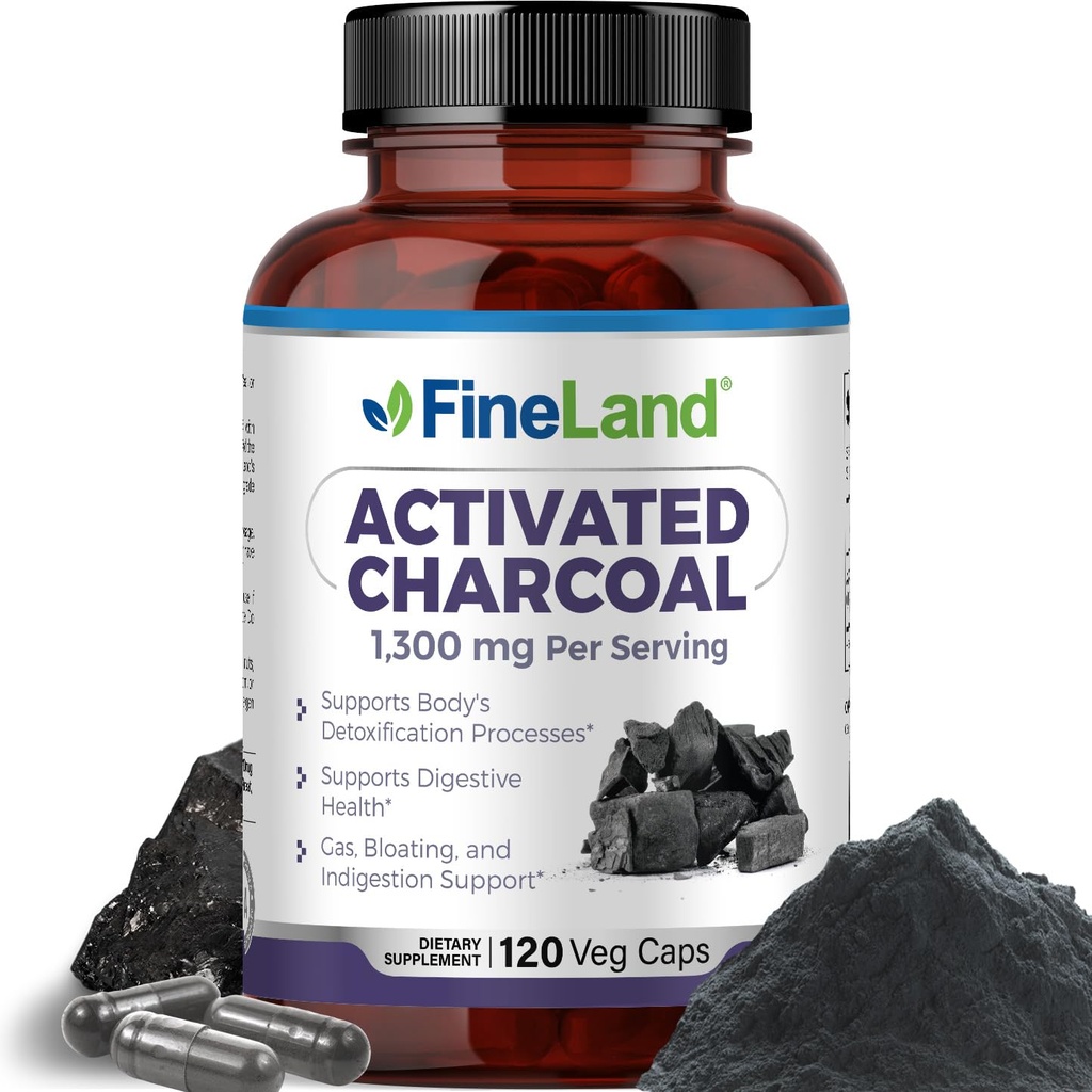 FineLand Activated Charcoal 1300mg - Advanced Digestive Detox Cleanse, Pomaga z gazem i wzdęcia, Circulation & Cholesteronal Support - Made in USA, 120 Vegan Pills