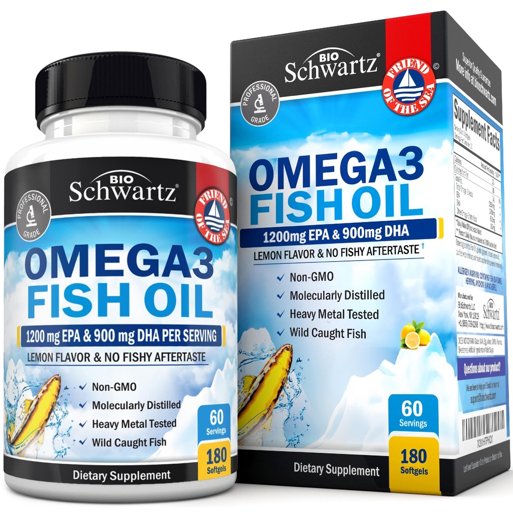 Triple Force Omega 3 Fish Oil Supplement - 2250mg EPA DHA Omega 3 Kwasy tłuszczowe z świeżo dzikiej ryby Caught, Burless Lemon Flavor Formula Supports Eye Health and More, Gluten Free, 180 Softgels