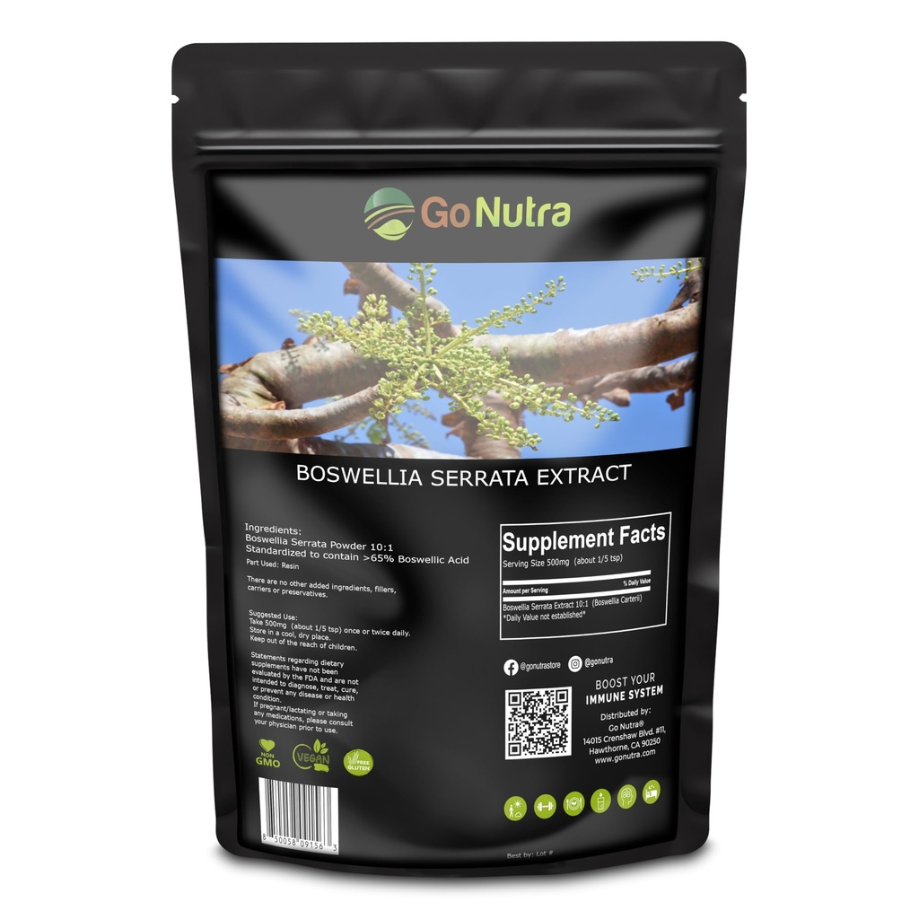 Go Nutra Boswellia Serrata Extract Proszek 10: 1 Siła 65% Boswellic Acid Frankincense Supplement Joint Support - 8 oz.