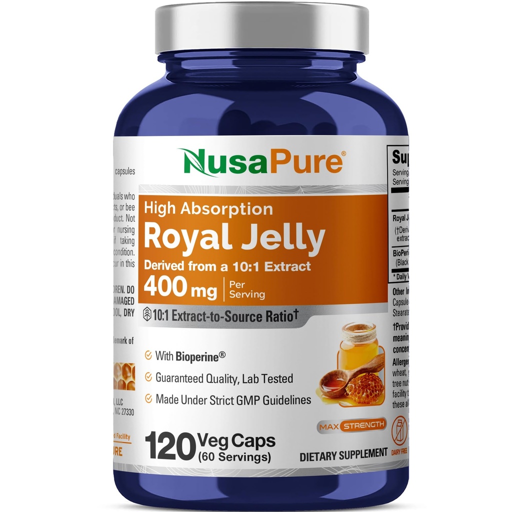 NusaPure Royal Jelly 10: 1 Extract, 400 mg ekwiwalent 4000mg - 120 Kapsułek wegetariańskich (Non- GMO, Gluten Free, Bioperine)