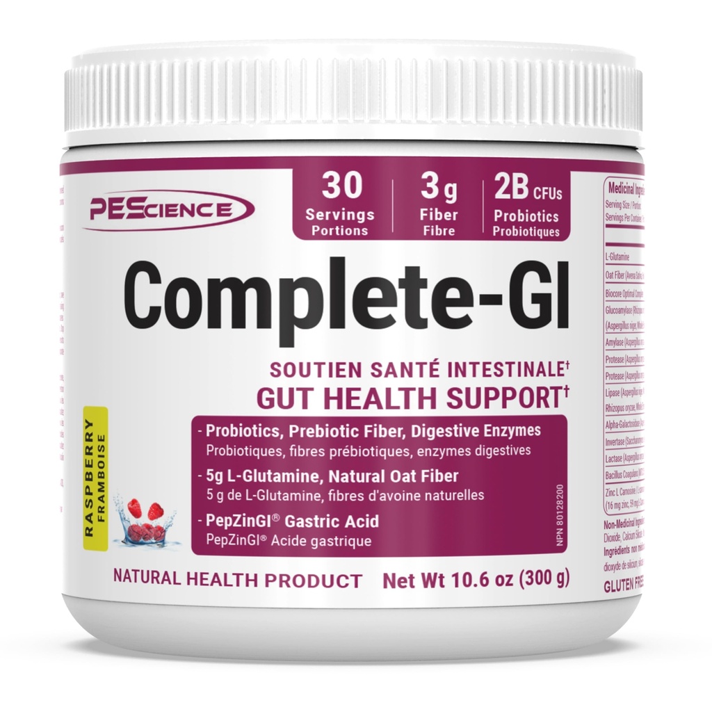 Pescience Complete- GI Gut Health Powder, Probiotyki dla kobiet i mężczyzn, Enzymy trawienne, Fiber prebiotyczny, L glutamina, Pepzin GI Zinc Carnosine, Malina Flavor, 30 Służenie