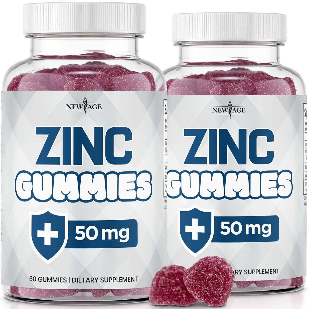 Nowy wiek Gummeje cynku - 2 Pack - 50mg Wysokie Wzmacniacze immunologiczne Suplement cynku, Immune Defense, Potężny naturalny przeciwutleniacz, Non-GMO - by New Age, 120 Count