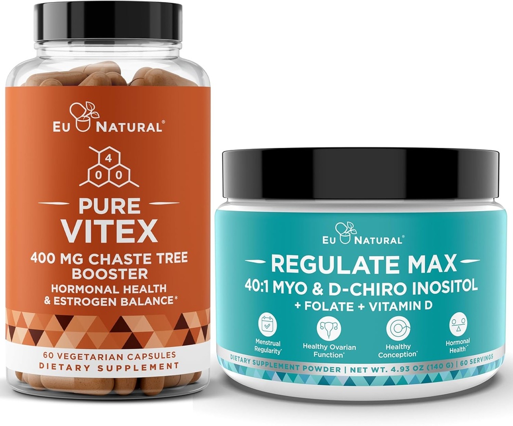 Vitex Kapsułki Chasteberry & Regulate Max Myo- Inositol D- Chiro Inositol Proszek - Naturalne PMS i wsparcie płodności, Hormony równowagi, Regulate Cycle - 60 Kapsułki Wegan miękkie + 60 Słupki Inositol Proszek