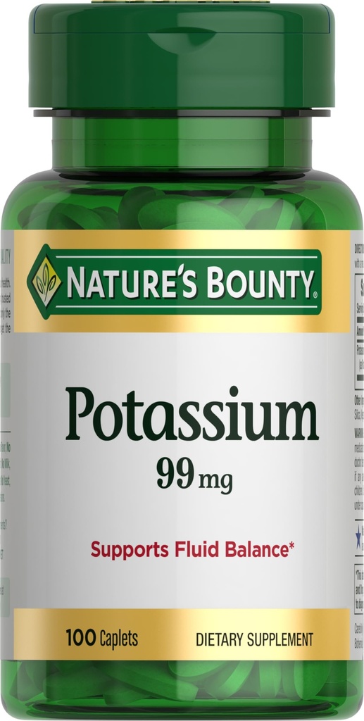 Nature 's Bounty Potasu 99mg, Wspiera równowagę płynów i aktywności mięśni, zaangażowany w normalnej funkcji serca, Gluconate potasu suplement diety, Gluten Free, 1 Dzień, 100 Kapulety wegetariańskie