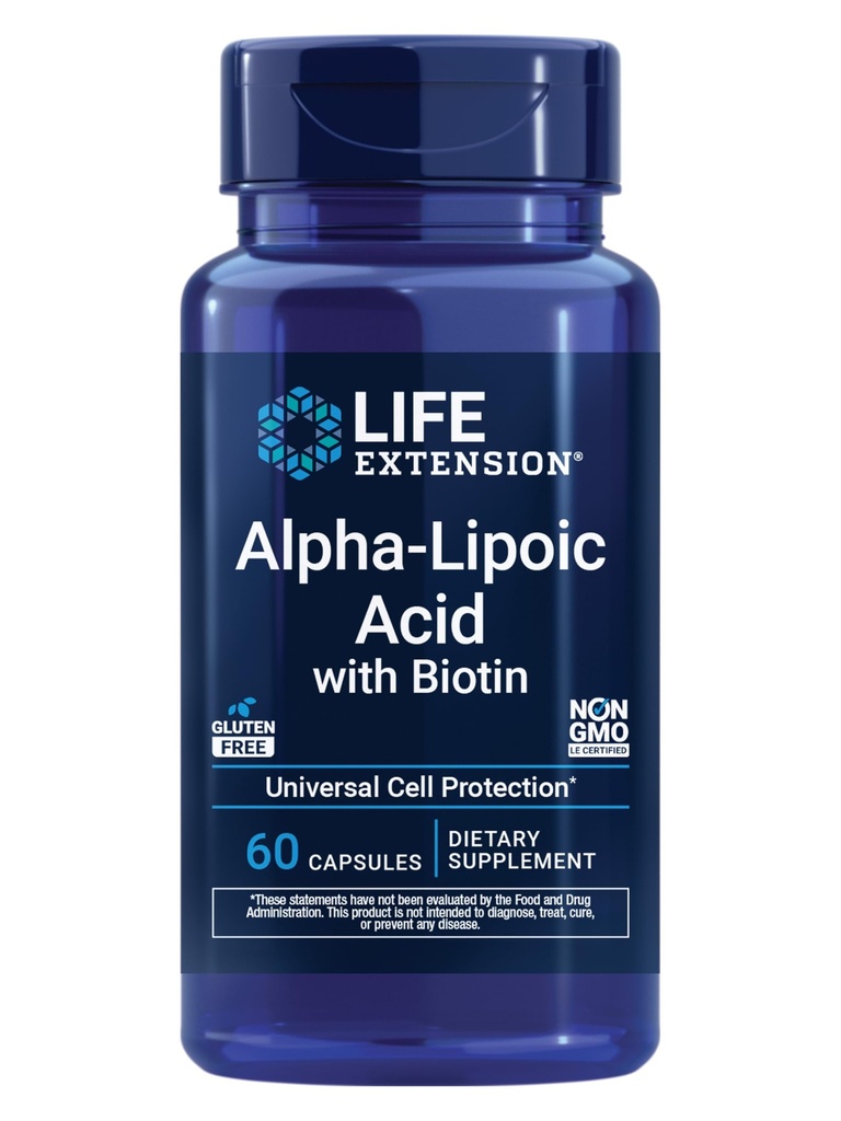 Life Extension Alpha- Lipoic Acid with Biotin, for Cell Protection, Universal antioksydant for Liver & Nerve Health, Gluten- Free, Non-GMO, 60 kapsułki