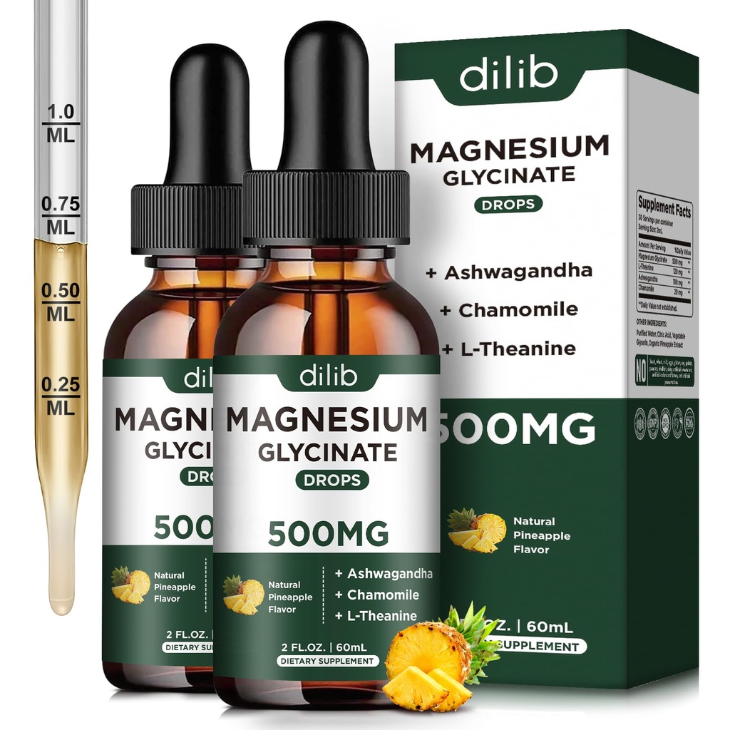 (2 opakowania) Magnezu Glycinate Supplement, Magnezu Liquid Drops z Magnezu Glycinate 500mg Ashwagandha, L - Theanine, Rumianek -Wspiera optymalny spokojny Sen Wegan