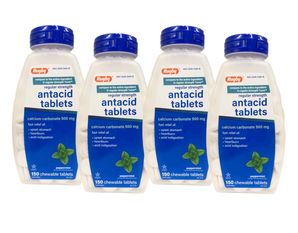 Rugby Calcium Carbonian 500mg Antacid Tablets Peppermint, Regular Strengh, 150 tabletek do żucia - 4 opakowania