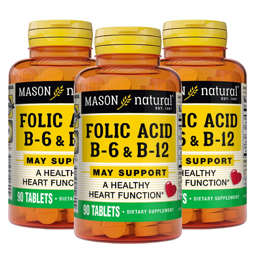 MASON NATURAL Heart Formula B6 / B12 / Tabletki kwasu foliowego, Suplement diety Wspiera zdrowie układu sercowo-naczyniowego, Formacja czerwonokrwinkowa, Funkcja metaboliczna, 90 Liczba (Opakowanie 3)