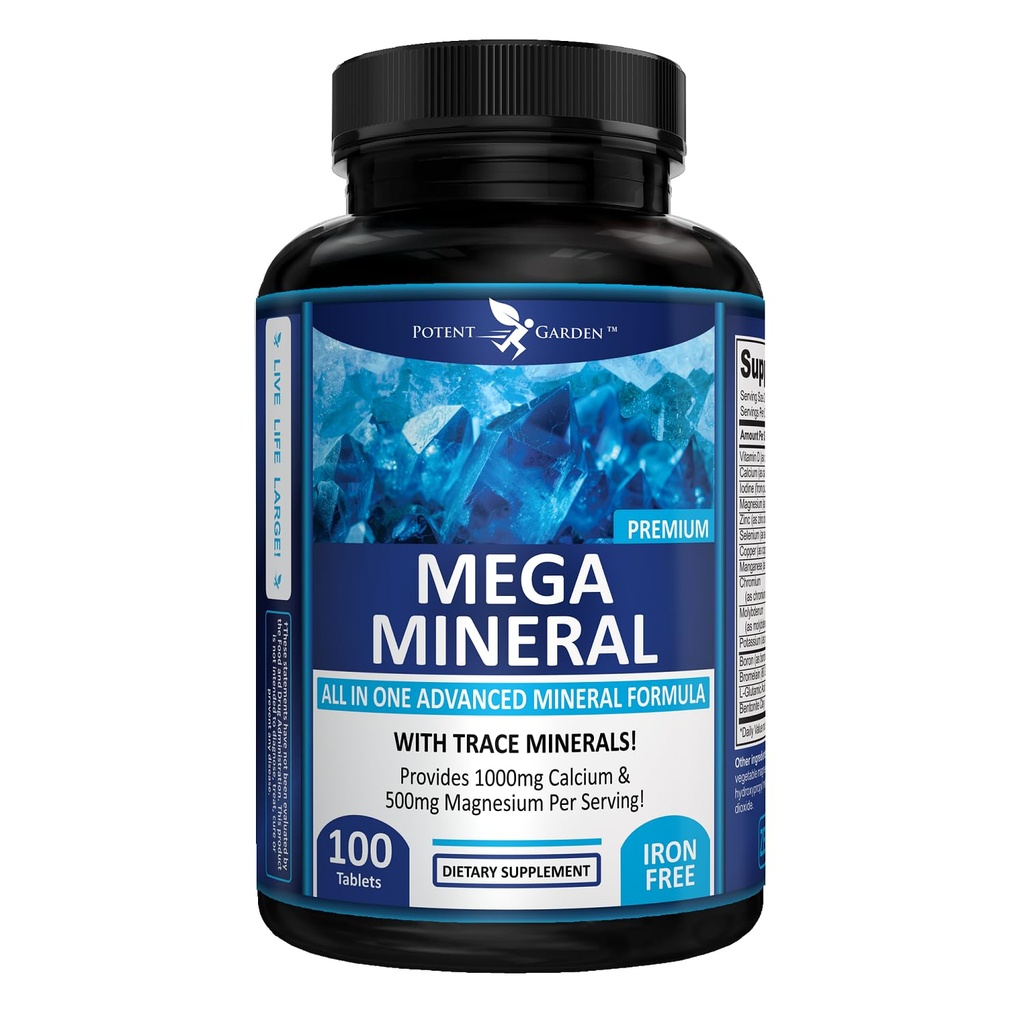 Pothent Garden Mega suplement mineralny Kompletny kompleks mineralny z wapniem Magnezu Cynk Potasu Bor Selenium Chrom & 72 Ślad Minerały Żelazo Wolny suplement wapnia -100 Pigułki