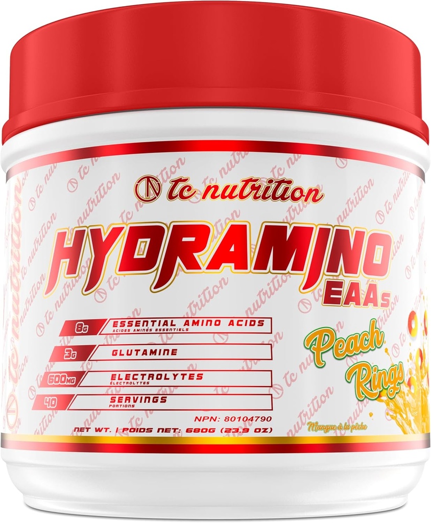 Hydramino EAA + BCAA Proszek - 40 Słupki - Esencjonalny suplement aminokwasów i proszek elektrolitowy do odzyskiwania, Wytrzymałość, & Nawodnienie, 7g BCAA, 8g EAA, 600mg Electrolytes (Wegan, Pierścienie brzoskwiniowe)