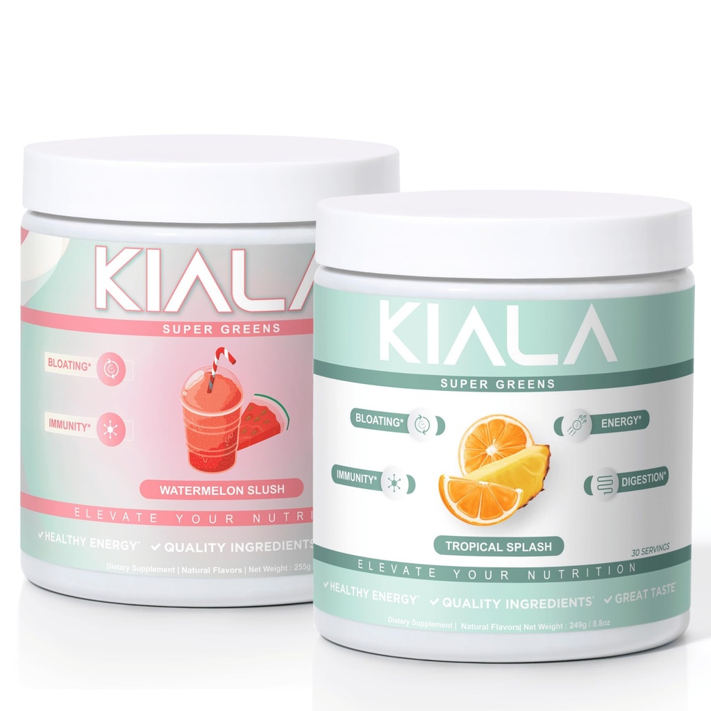 Kiala Nutrition Super Zielone, Organic Zielonych Proszek, Spirulina i Chlorella Superfood Proszek, Cukier i gluten wolny Wegan, Spectra Mieszanka, Arbuz i Tropikalny Slush 2 Pack