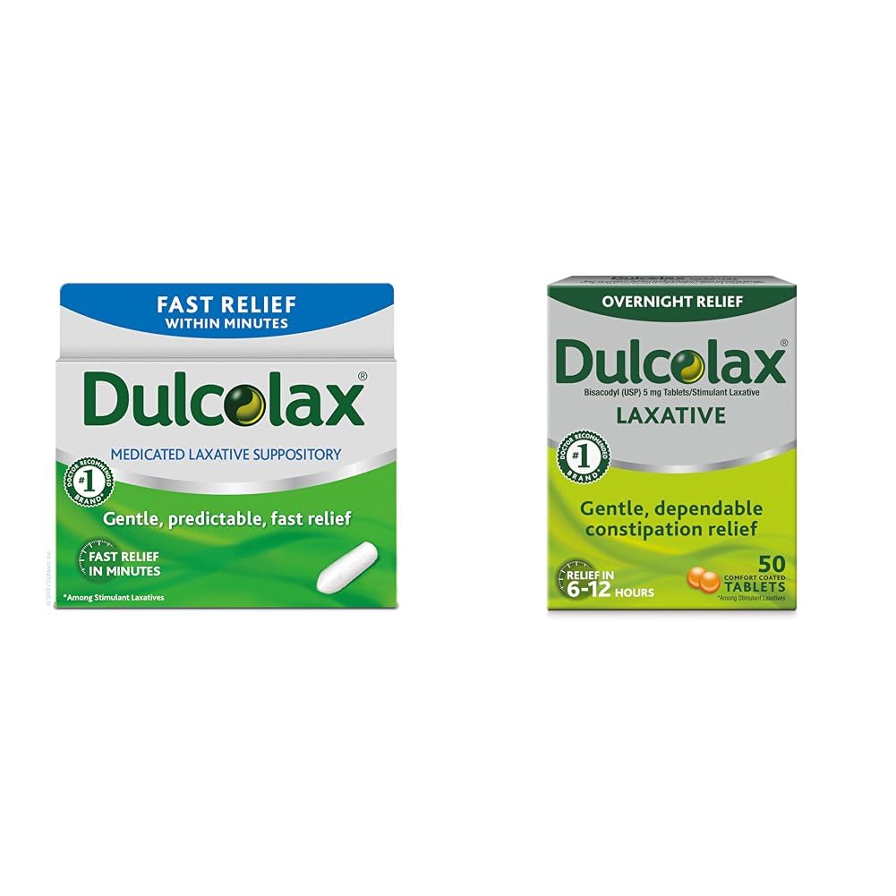 Dulcolax Szybko Relief Medykowane Loksatywne WZORY Szybkie Relief, Doodbytnicze Tylko, Bisacodyl, 10 mg i Overnight Relief Laxative dla Delikatnego Zaparcia Relief, Bisacodyl 5 mg Tablets, 50