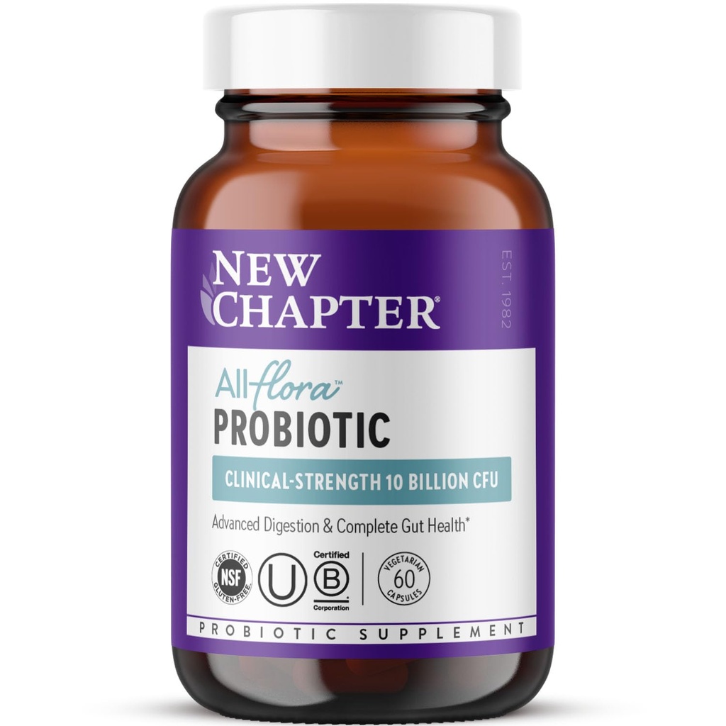 Nowy rozdział Probiotic All- Flora - 60 ct (2 Miesiące Dostawy) dla zaawansowanych trawienie & Kompletne Gut Zdrowie z Prebiotyki + Postbiotyki, Klinicznie Studiowane Szczepy, 100% Wegan, Non-GMO, Półka Stabilny
