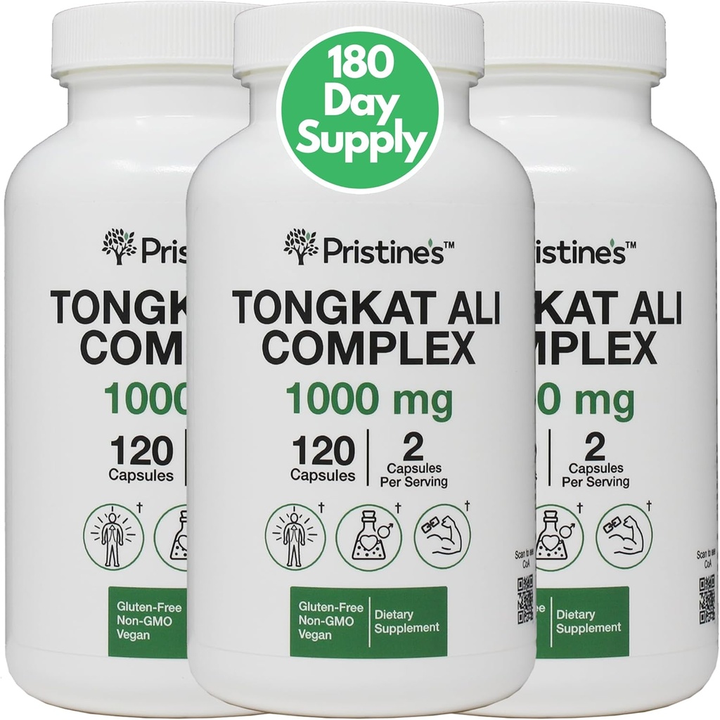 PRISTINE 's Tongkat Ali 1000MG Extract Capsule Supplement (3- Pack) -30 Day Supply - Athletic Performance Support - Mens Health & Lean Muscle Mass - Wsparcie odporności