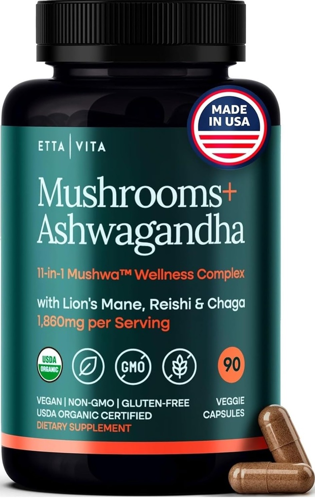 USDA Organic Lions Mane Supples Kapsułki z Ashwagandha, Chaga, Reishi, Cordyceps, Turcja Tail (18,600mg / serv) 10x Adaptogenic Mushroom Complex jako Focus Supplement - Energia, Immunitet i Nootropic