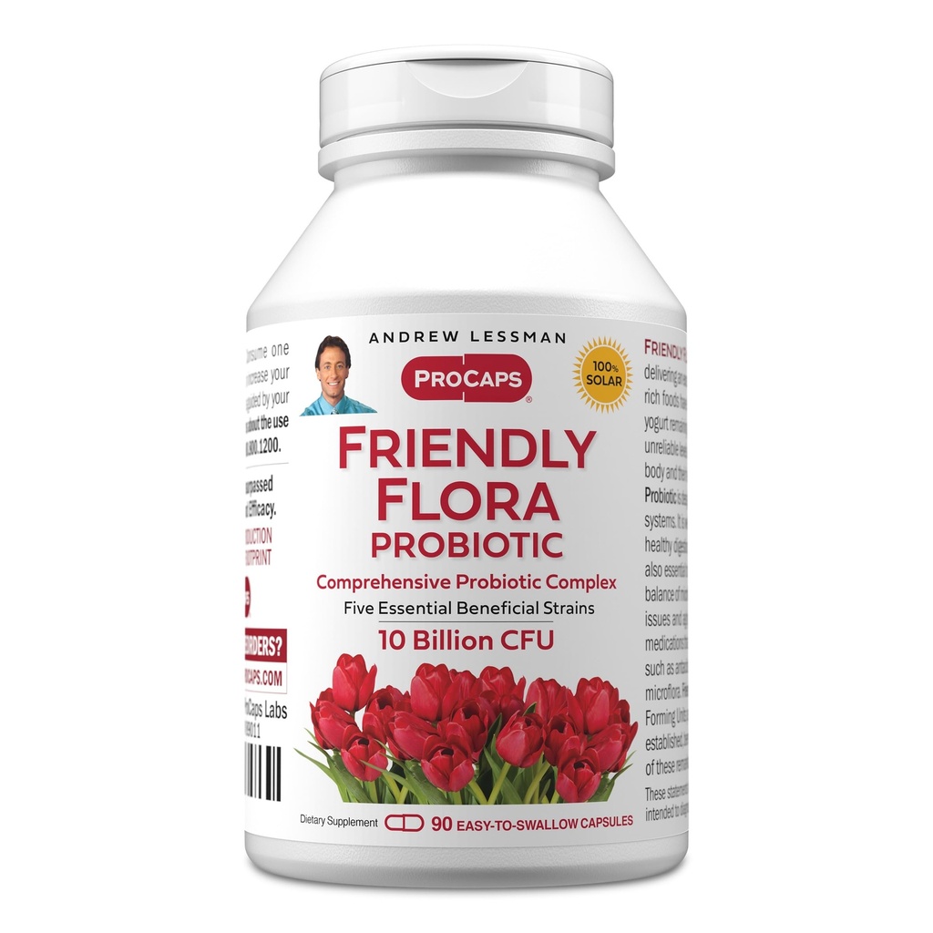 ANDREW LESSMAN Friendly Flora Probiotic 90 Kapsułki - 10 Miliard CFU, Kompleksowy Mieszanka pięciu szczepów probiotycznych, Potężne immunologiczne i pokarmowe wsparcie. Probiotyki dla kobiet lub mężczyzn