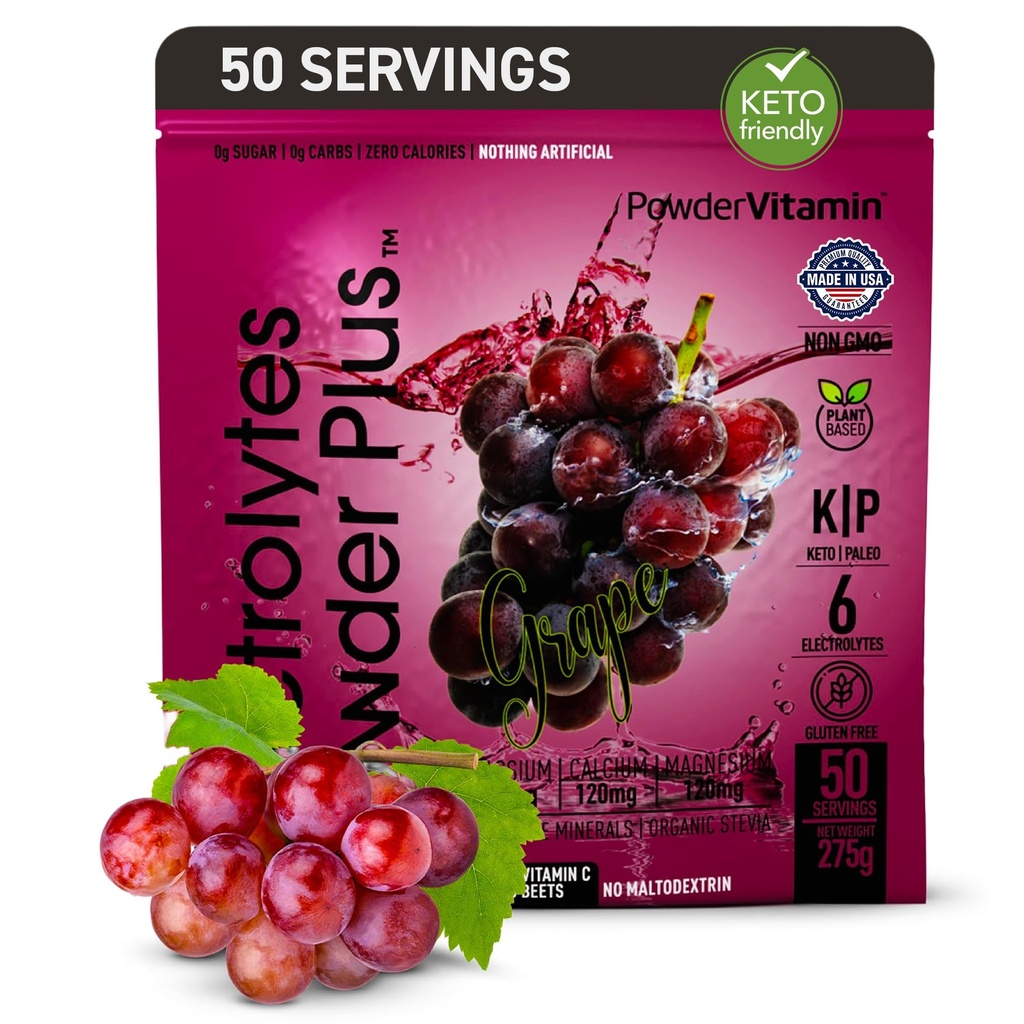 Proszek PowderWitamina Electrolytes Plus (50 Servings) Proszek Grape Electrolyte Zero Calorie Keto, 0 Cukier, Nie Maltodekstryna, 1000mg potasu, 120mg wapnia, 120mg magnezu, Proszek nawadniający