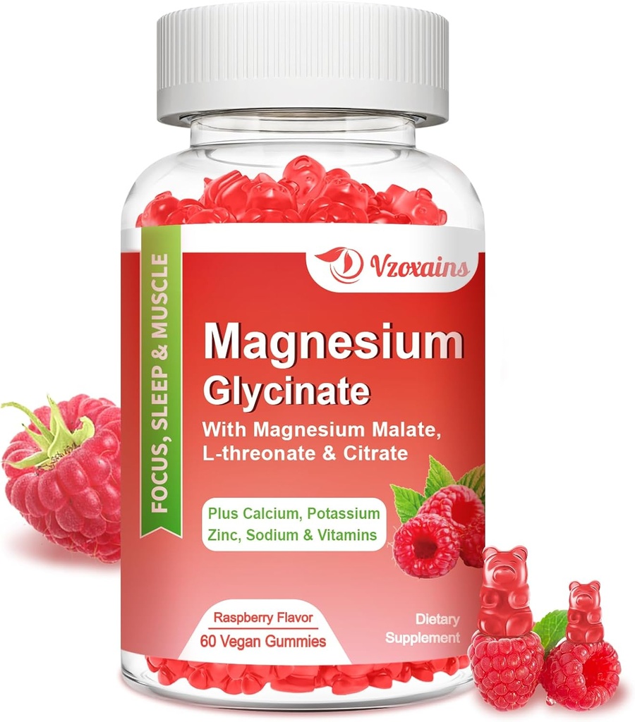 Magnezu Gummies Glicynian 600 mg, Magnezu Gummies dla dorosłych i dzieci, Wsparcie dla relaksu i mięśni, 60 Malina Flavored Gummies