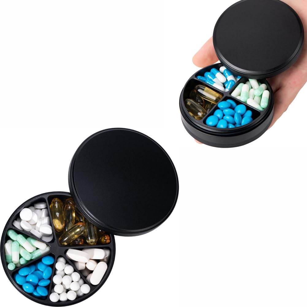 6 Context Pill Organizer & 4 Context Pill Box - Wodoodporny Metal Pill Organizer, Aluminiowy Alloy okrągły dzienny pojemnik na leki witaminy, Medycyna, Suplement, Olej rybny