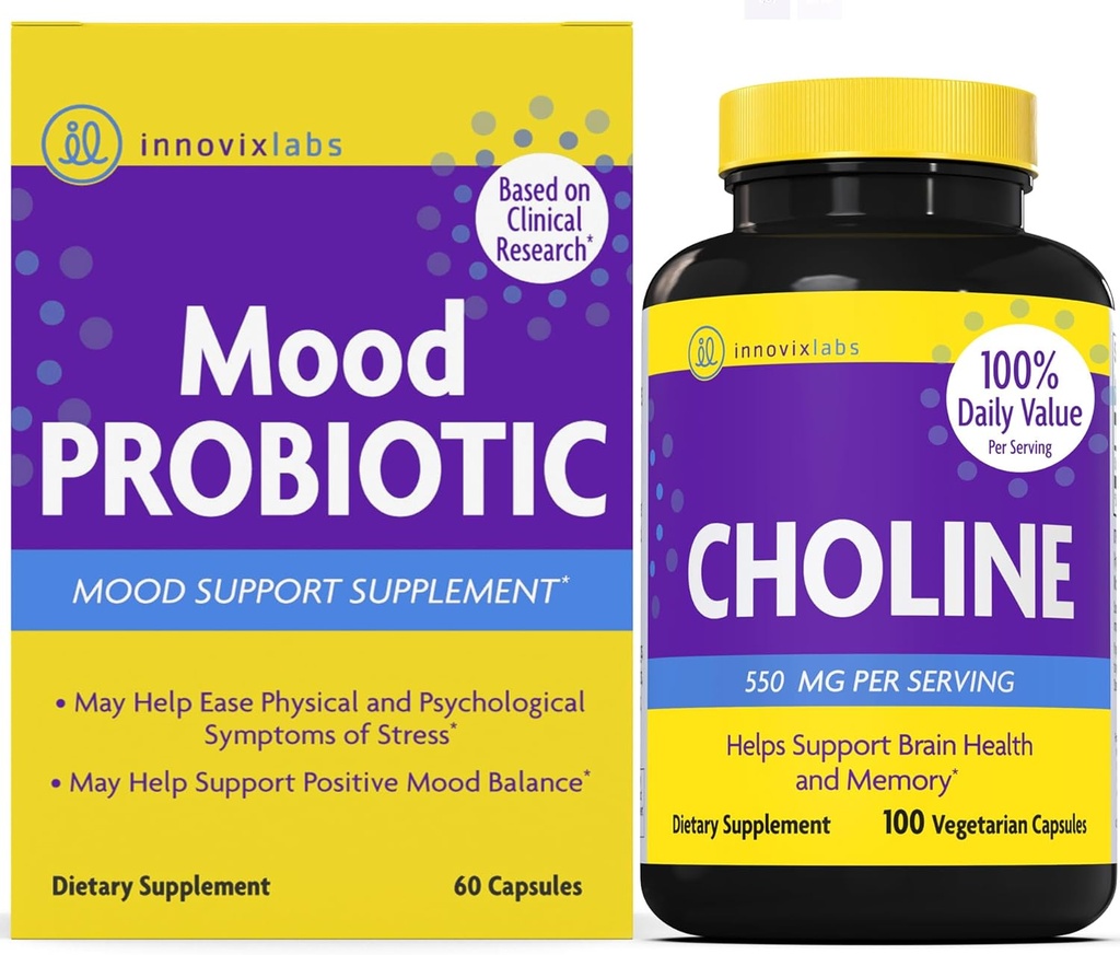 InnovixLabs Choline & Mood Probiotic Bundle Choline Bitartrate 550mg (100 kapsułek) Mood Probiotic (60 kapsułek). Wspomaga pamięć, nastroje, zdrowie mózgu i pobudza kreatywność. *