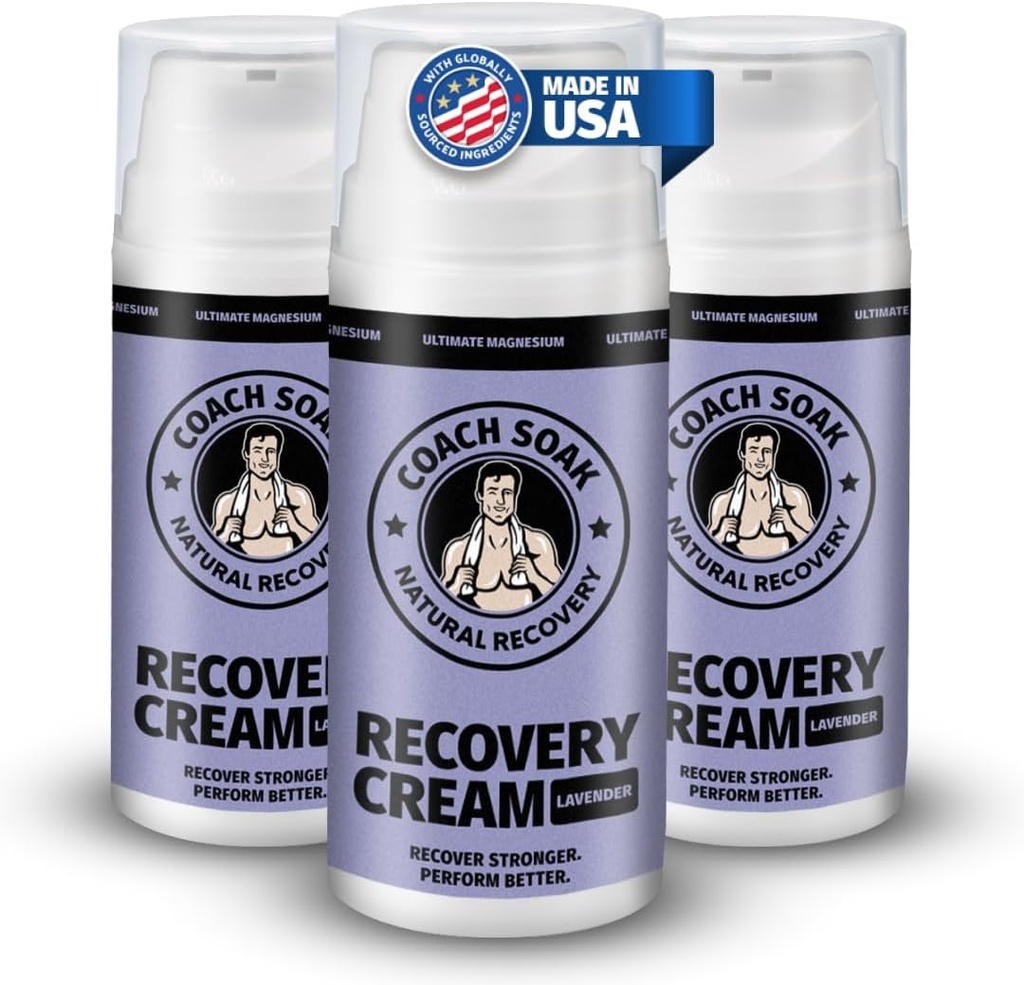 Trener Soak Topical Magnezu Lotion z MSM - Natural Recovery Cream z chlorkiem magnezu, Witamina C & Mentol, Szybka Absorpcja i Relaxation for Sore Muscles, Lavender (3 Pack, Total 10oz)