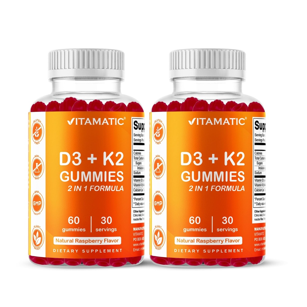 Witamina Witamina D3 & K2 Gummies (2- Pack, 60 Count) wspiera zdrowe kości, Heart Health, Wchłanianie wapnia, i immunologiczne Funkcje Plant- Based, Non-GMO, Gluten- Free