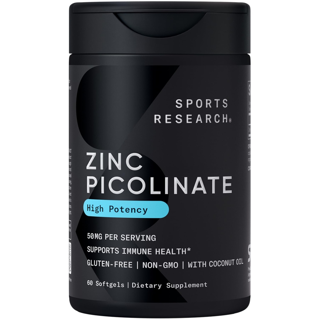 Sport Badania Cynk Pikolinian 50mg z organicznym oleju kokosowego 124; Wysoko wchłanialny suplement cynku dla zdrowej funkcji immunologicznej - NieGMO zweryfikowane, Gluten & Soy Free (60 Softgels płynnych)