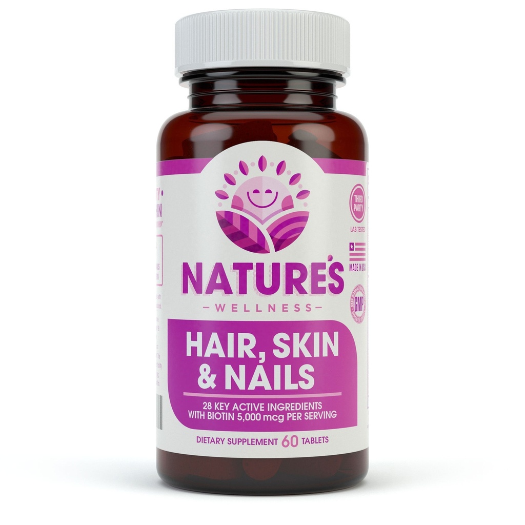 Natury Wellness Włosy, Skóra i paznokcie Zasadniczy suplement do gojenia, 60- Hrabia 124; 4000mcg Biotin + Witaminy A, C i E, B Kompleks Witaminy i Zaawansowane składniki odżywcze na kapsułki 124; 100% All- Natural