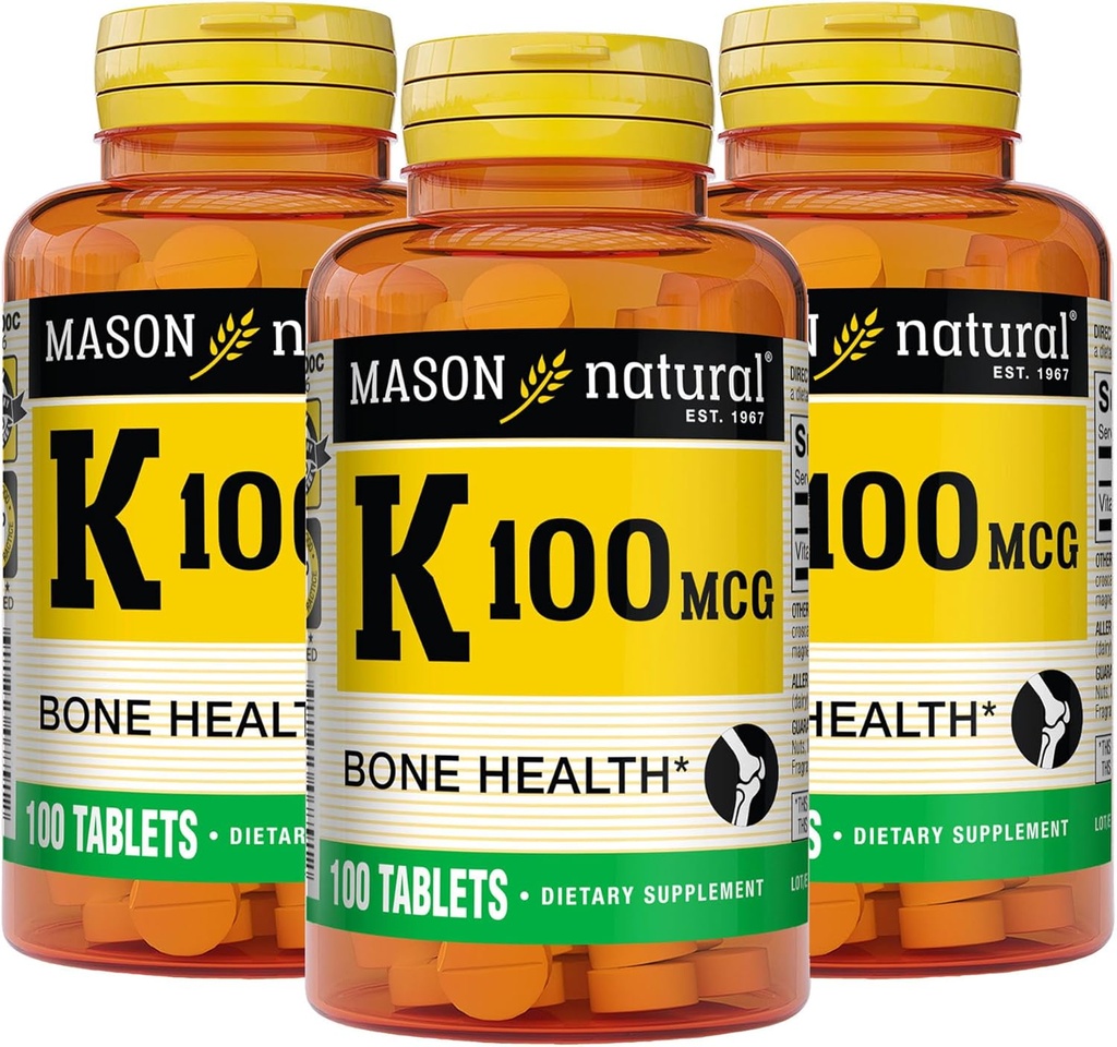 MASON NATURAL Witamina K 100 µg, Wspiera zdrowie kości i stawów, Pomaga wchłanianie wapnia, 100 tabletek, Opakowanie po 3