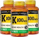 MASON NATURAL Witamina K 100 µg, Wspiera zdrowie kości i stawów, Pomaga wchłanianie wapnia, 100 tabletek, Opakowanie po 3