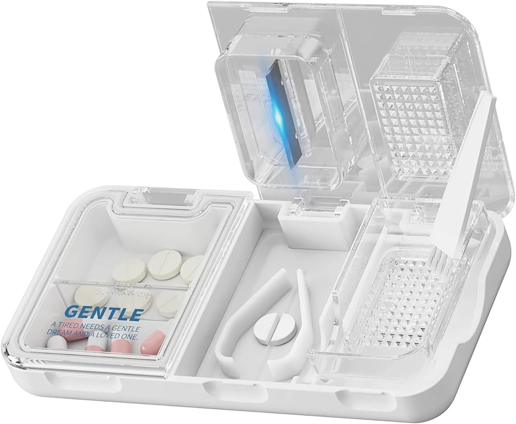CFMOUR 3- in-1 Pill Cutter Splitter dla małych i małych pigułek, Crusher, Grinder dla dużych, Daily Usage, Safely Cut Pills, Witaminy, Tabletki, Dokładne i łatwe cięcie, Travel Sized, Biały