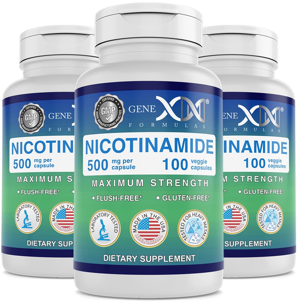 Genex Supples Nicotynamid 500mg (3-Pack) Witamina B3 Flush Wolny Niacyna Kapsułki dla zdrowej skóry - Niacynamid Suplement Pigułki pomóc Wyprodukuj Keratin & Wsparcie zdrowia i energii komórek skóry (300 Kapsułki)