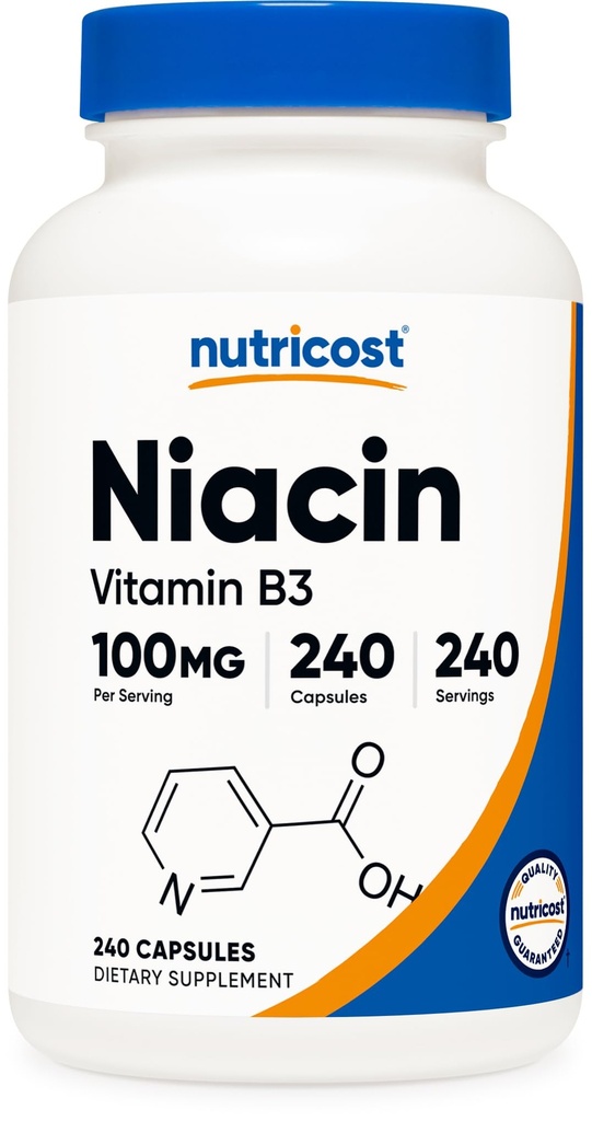 Nutricost Niacin (Witamina B3) 100 mg, 240 kapsułek - z zaczerwienieniem, Non-GMO, Gluten Free
