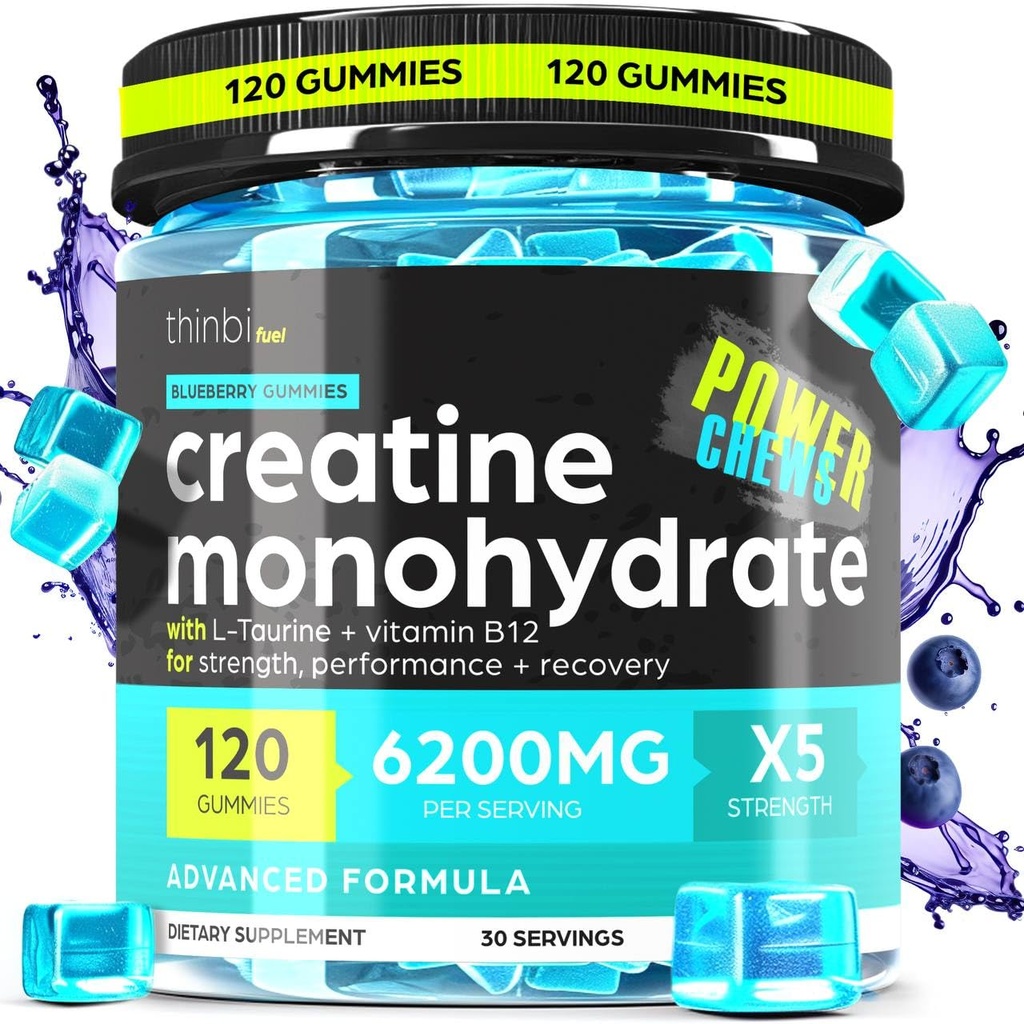 Monowodny Gummie Kreatywne Kompleks 6200mg dla mężczyzn i kobiet - 120 Gummies Zaawansowana Formuła W / L- Tauryna + Witamina B12 dla mięśni, Muscle Builder, Energy Boost, Pre- Workout Supplement - Thinbi