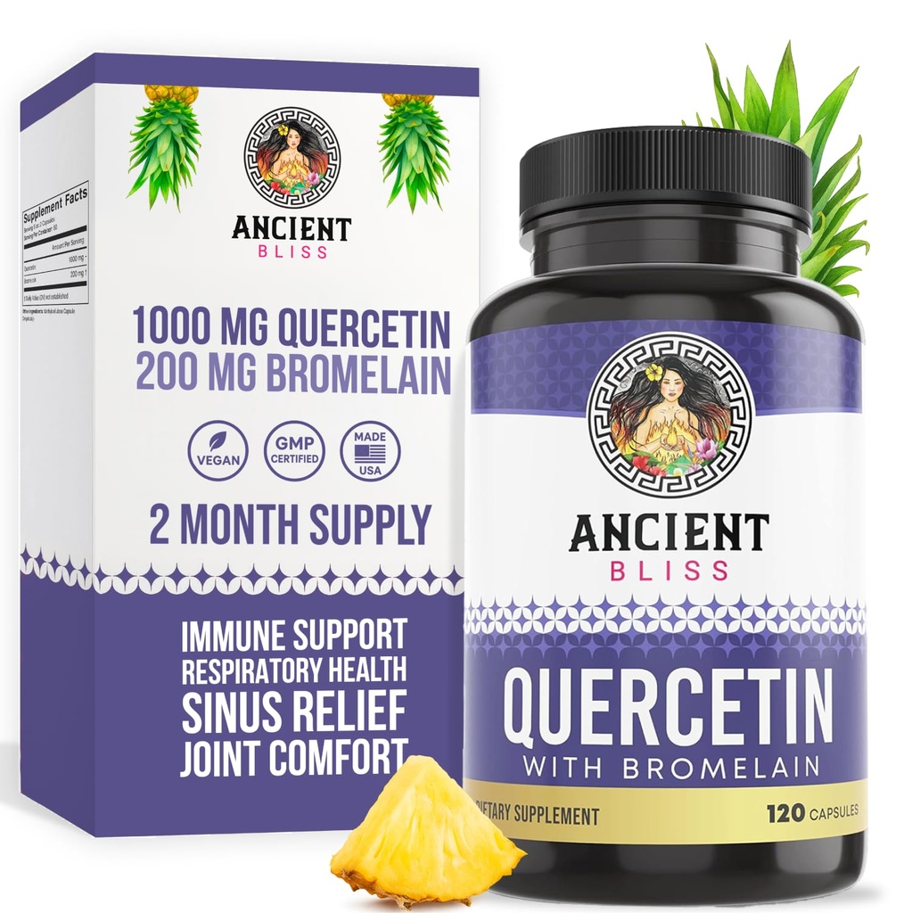 Ancient Bliss Quercetin with Bromelain Ingestive 124; Quercetin 1000mg Bromelain 200mg per Serving Ingestive 124; Supports Immune System, Joint Health, Research Health & Total Well- Being - 120 kapsułki