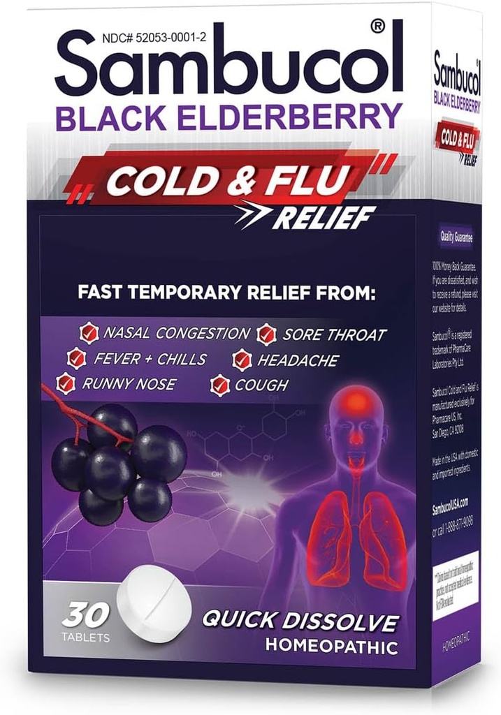 Sambucol Cold and Flu Relief Tablets - Homeopatyczna Cold Medicine, Cold Remedy dla dorosłych, Black Elderberry for Colds, Cynk Cold Remedy - 30 Count