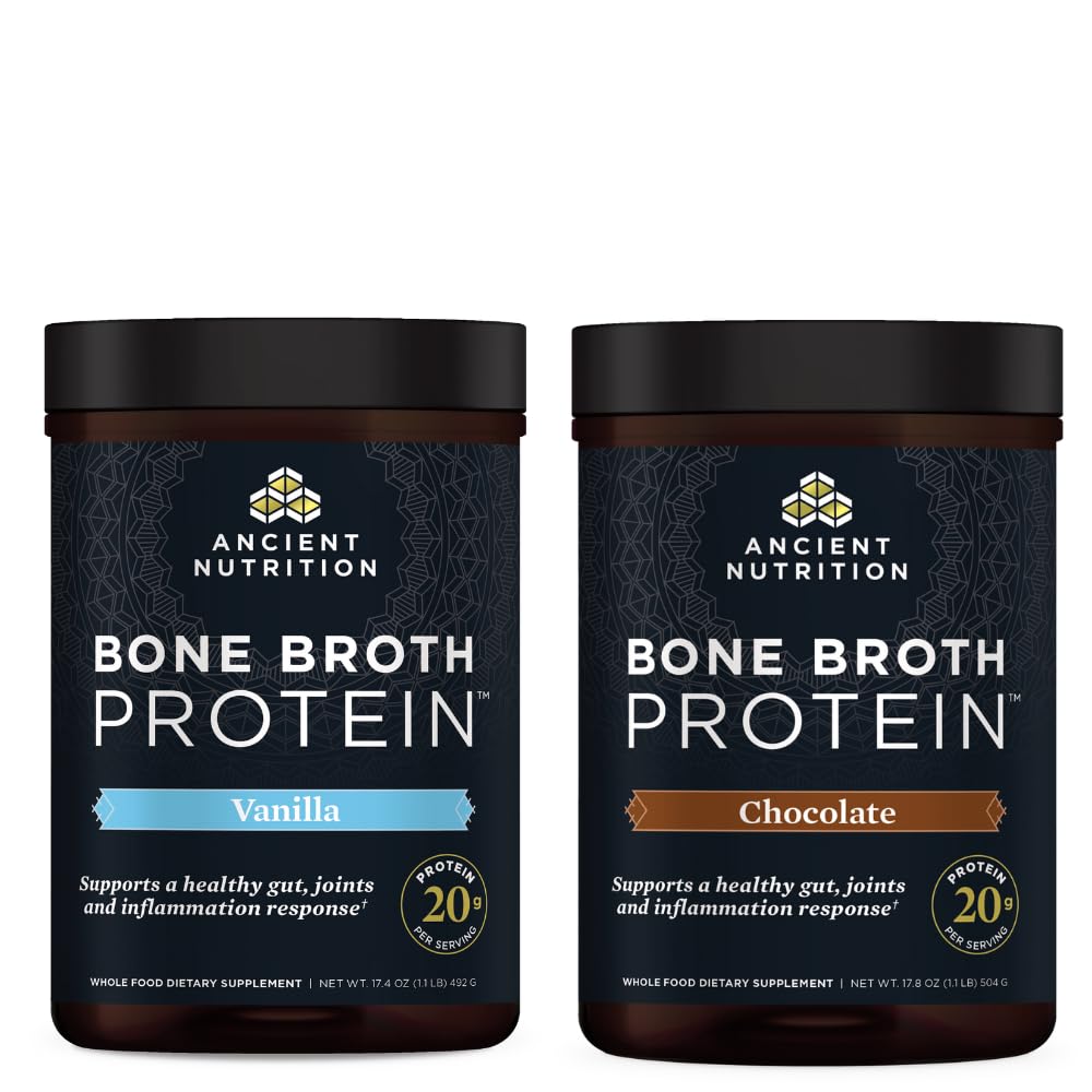 Ancient Nutrition Bone Broth Protein Powder, Wanilia, 20 Słupki + Białko Bone Broth Powder, Czekolada, 20 Słupki