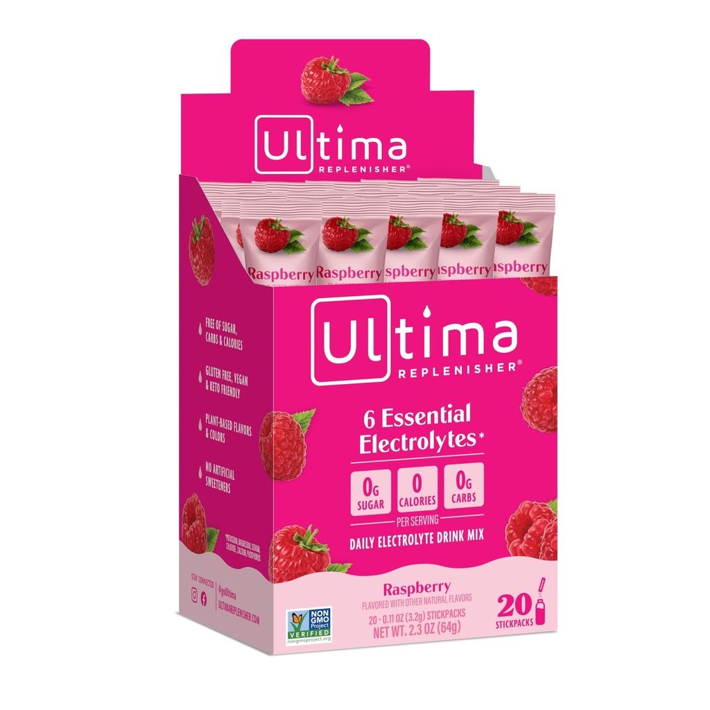 Ultima Replenisher, Napoje elektrolityczne, Malina, 20 Liczenie Stickpack Box - Cukier wolny, 0 Kalorii, 0 Węglowodory - Gluten- Free, Keto, Non-GMO, Wegan