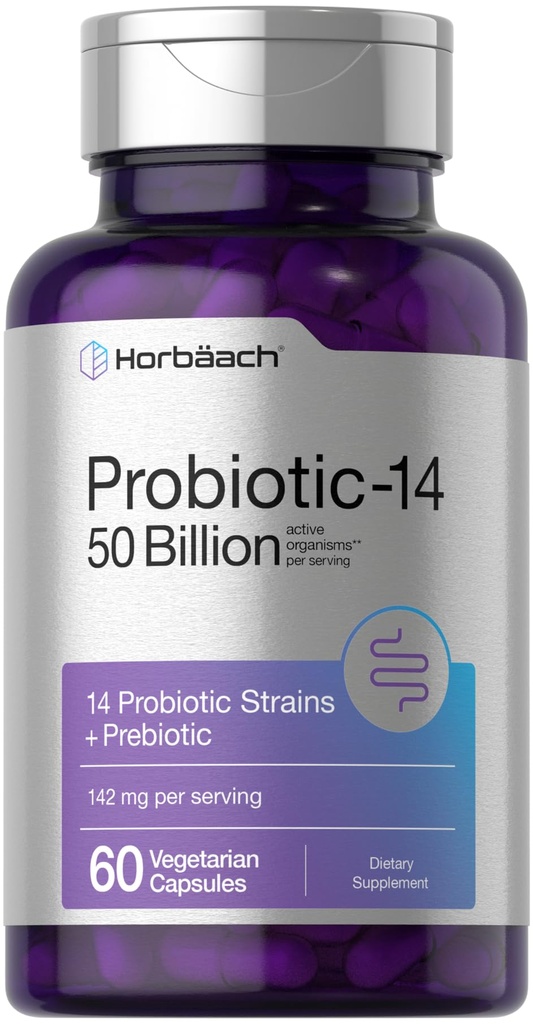 Horbaach Probiotyka dla kobiet i mężczyzn 124; 60 Kapsułki 124; 14 Szczepy probiotyczne z prebiotykiem 124; 50 Miliard Aktywnych Organizmów 124; Non- GMO & gluten