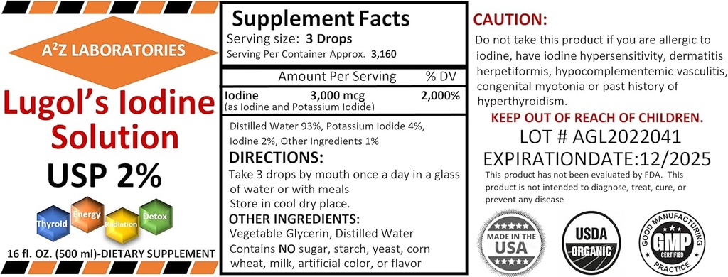 A2Z Organic Lugol 's jod i jodek potasu 2% Solution 3000 mcg - Płynny suplement krople do wsparcia tarczycy dla kobiet i mężczyzn, Zdrowie metabolizmu, Detox Boost -16 Fl Oz / USA / Statki Dzisiaj! (2 PK)