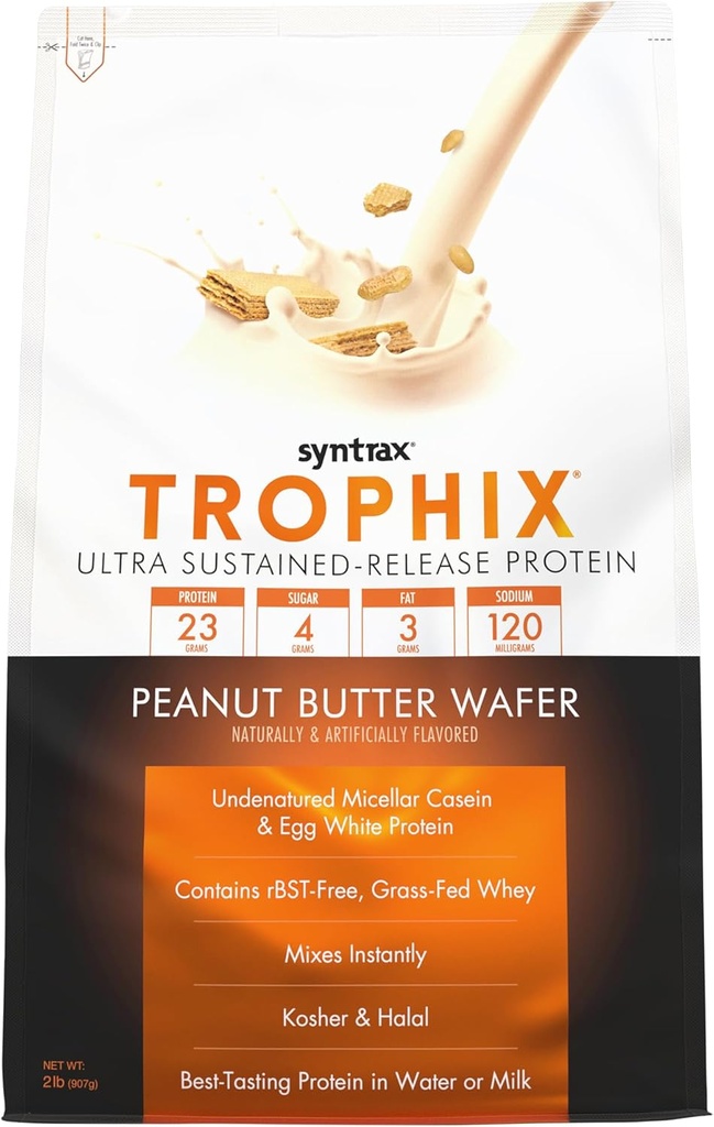Syntrax Nutrition Trophix, Ultra Sustainaged- Release Protein w proszku Mieszanka, Masło orzechowe Wafer 2 funtów, Prawdziwe Wafer Kawałki