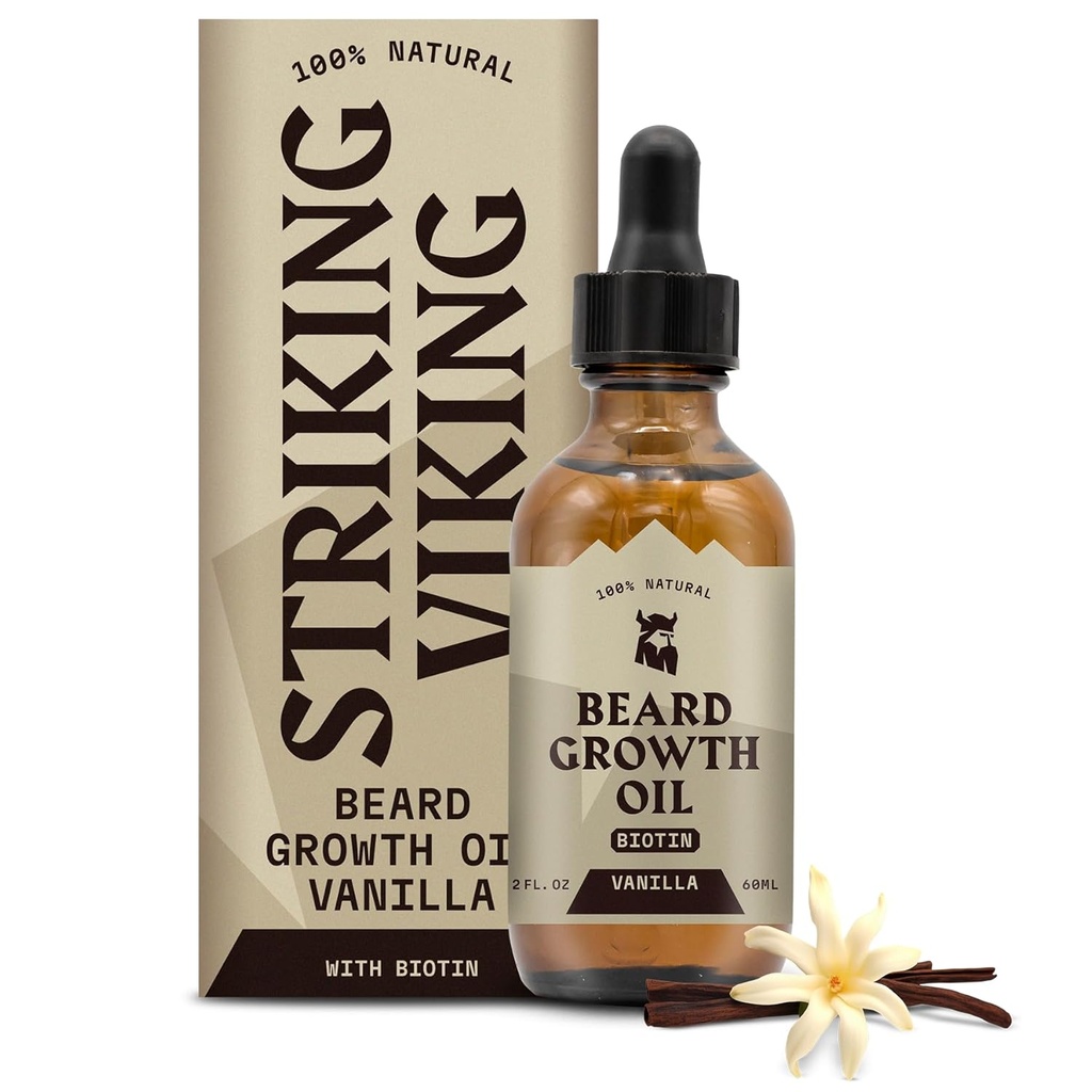Uderzające Viking Beard Growth Oil z Biotin - 2 Fl Oz, Wanilia - Trzęsienie, Klimatyzacja Biotin Beard Oil Serum dla mężczyzn z Argan & Jojoba - Facial Hair Growth Serum dla mężczyzn