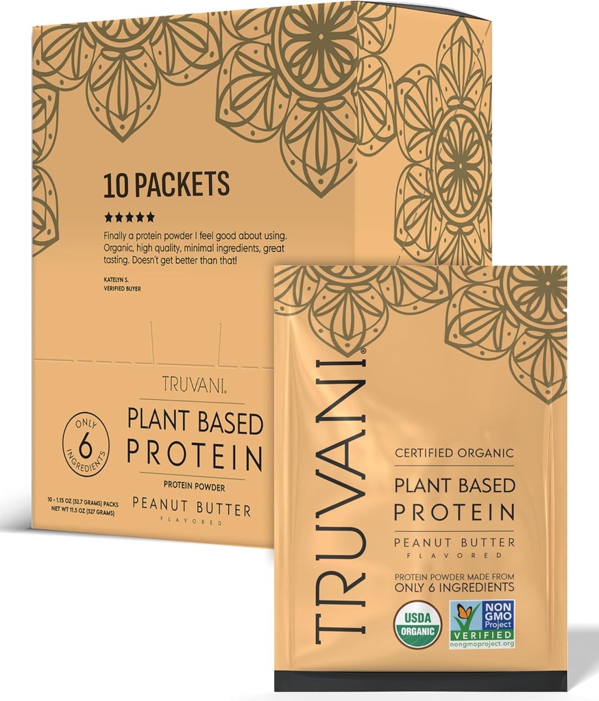 Truvani Vegan Pea Protein Powder Building 124; Masło orzechowe 124; 20g Organic Plant Based Protein 124; Single Serving Travel Pakiety Bilans 124; 10 Służenia 124; Keto 124; Gluten & Dairy Free 124; Niskie węglowodany 124; Nie Dodano cukru